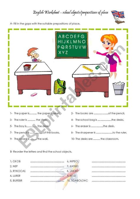 school objects  prepositions  place esl worksheet  carlalopes