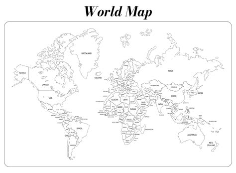 world map  countries labeled black  white