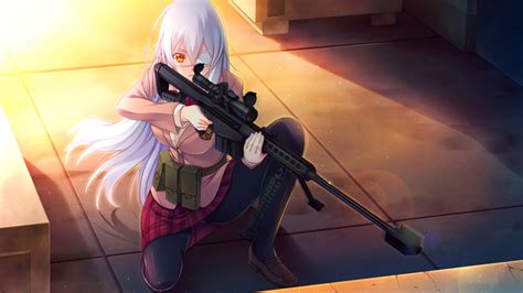 Wallpaper Gun Long Hair White Hair Anime Girls