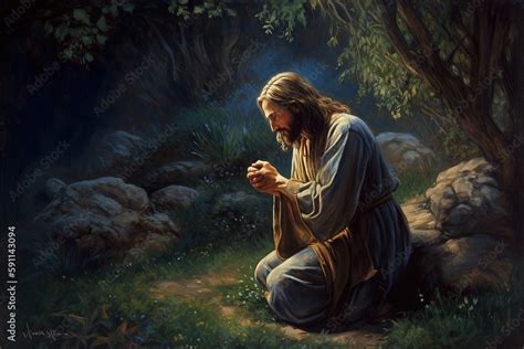 jesus christ prays   father   garden  gethsemane   evening oil painting