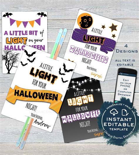 editable halloween glow stick tags   light  etsy