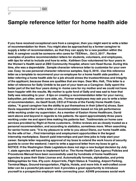 fillable  sample reference letter  home health aide fax email