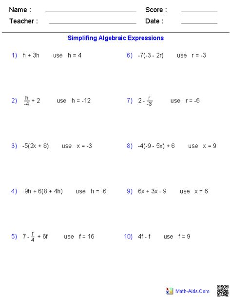 evaluating  variable worksheets math aidscom algebraic