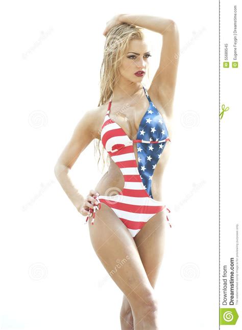 Blonde Wearing American Flag Swimsuit Stock Image Image