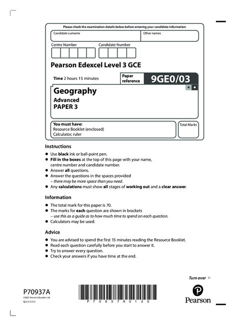pearson edexcel level  gce ge  geography advanced paper