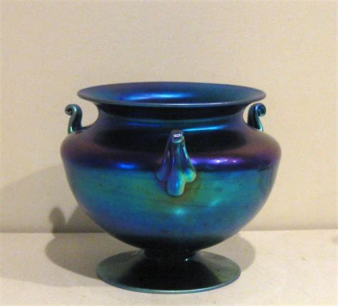 Vintage Tri Handled Footed Blue Aurene Iridescent Glass Vase By