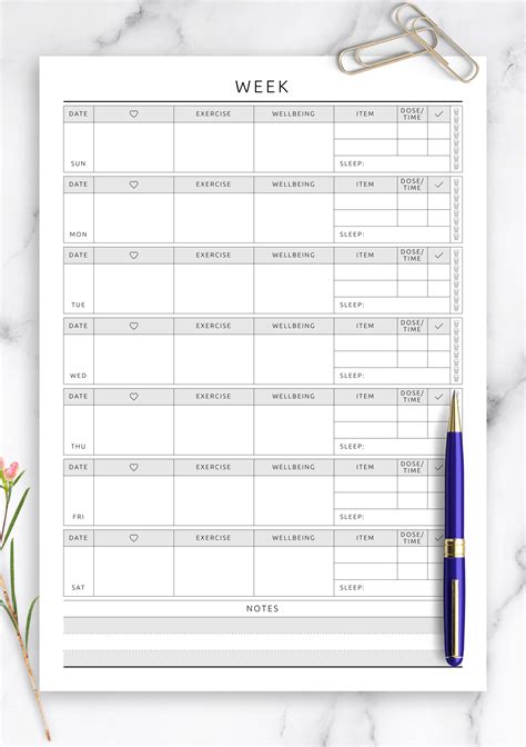 printable weekly fitness planner template