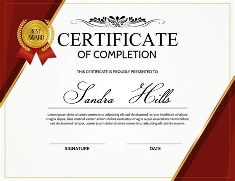 certificate  completion  red ribbon  gold border