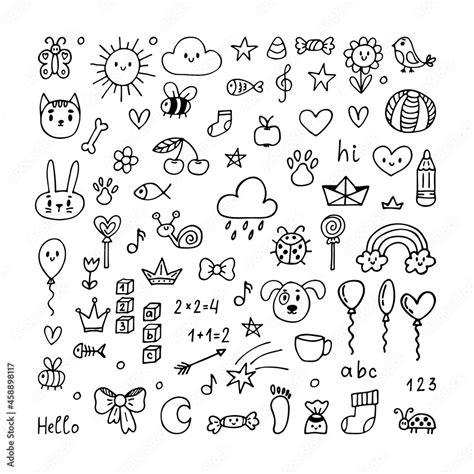 set  hand drawn elements cute doodle art children drawing drawings