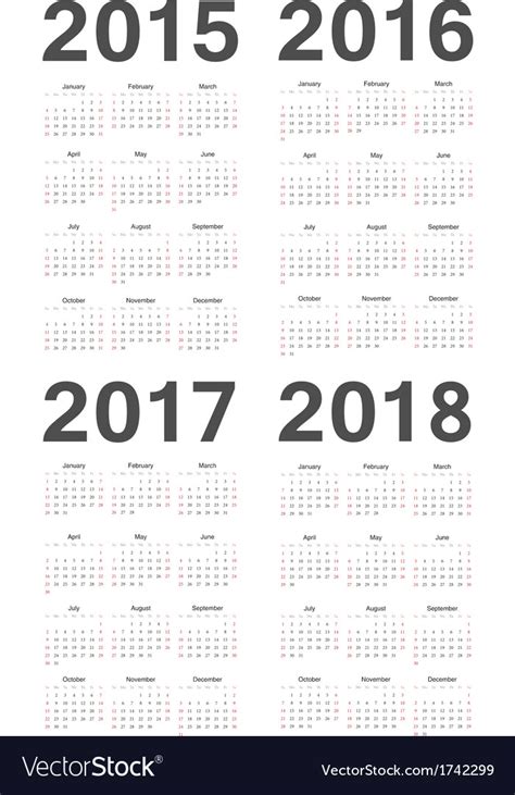 european 2015 2016 2017 2018 year calendar vector image
