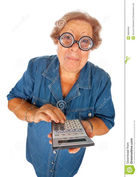 bejaarde met calculator stock afbeelding image  grappig