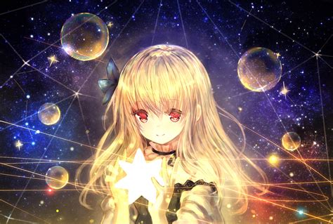 Blonde Hair Bubbles Catbell Flowers Long Hair Red Eyes