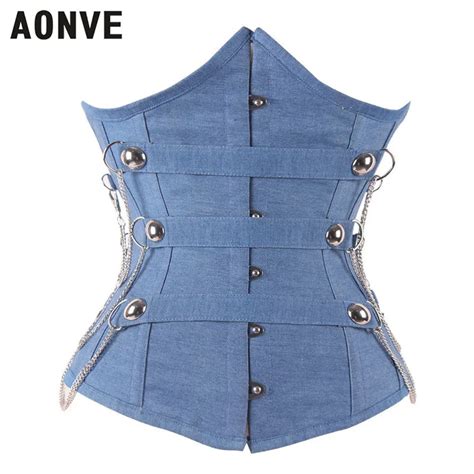 Aonve Blue Steampunk Corset Gothic Vest Waist Trainer Corsets Jacquard