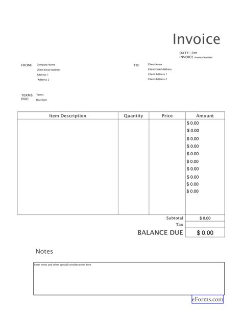 blank invoice templates   eforms