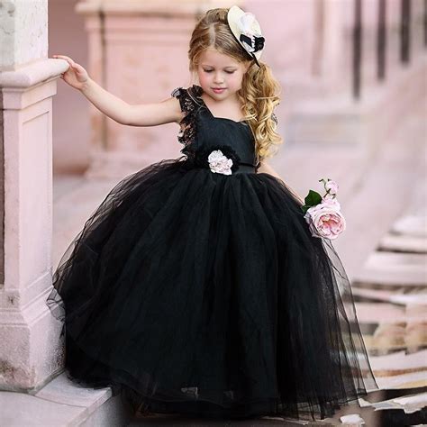 black ball gown flower girls dresses puffy tulle lace cap sleeves