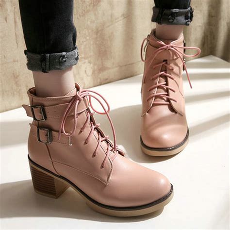 size   pink  british style women motorcycle boots buckle ankle boots high heel autumn