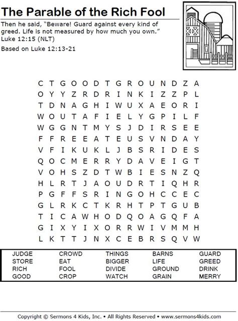 parable   rich fool word search sunday school kids sunday
