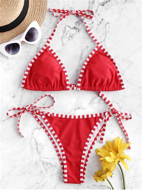 [25 Off] 2021 Zaful Striped Piping Tie String Bikini Swimsuit In Red
