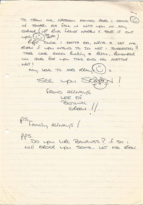 Handwritten Letter To Reggie Kray From Fellow Prisoner Lee Of Bethnal