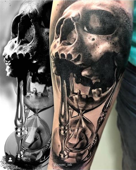 A Black And White Photo Of A Skull With An Hourglass Tattoo On It S Arm