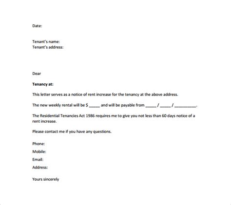sample rent increase letter templates  word sample templates