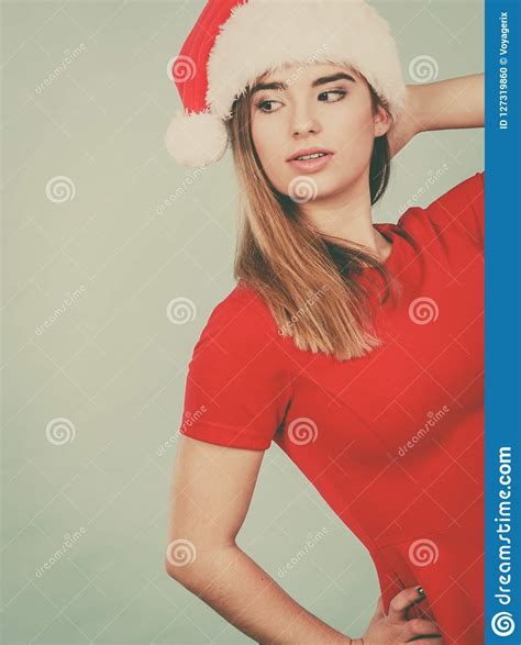 woman wearing santa claus helper costume stock photo image  toned