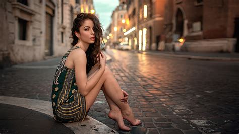 Girl Model Is Sitting On Road Wearing Green Dress Posing For A Photo 4k