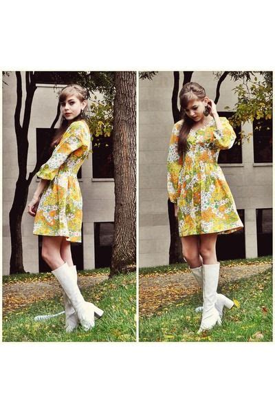 1970 s yellow floral dress with white go go boots 70s inspired