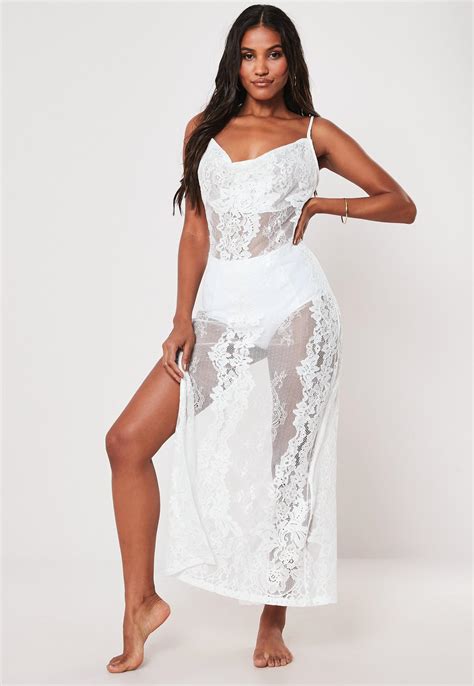Premium White Lace Cowl Neck Maxi Beach Dress Missguided