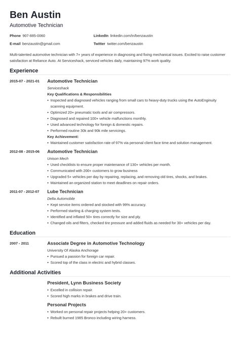 automotive technician resume samples  writing guide