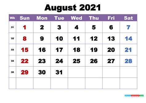 august  printable calendar  holidays word
