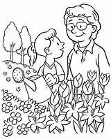 Coloring Pages Grandmother Watering Granddaughter Family Garden Flowers Her Young Drawing Girl Kids Drawings Wishes Year sketch template