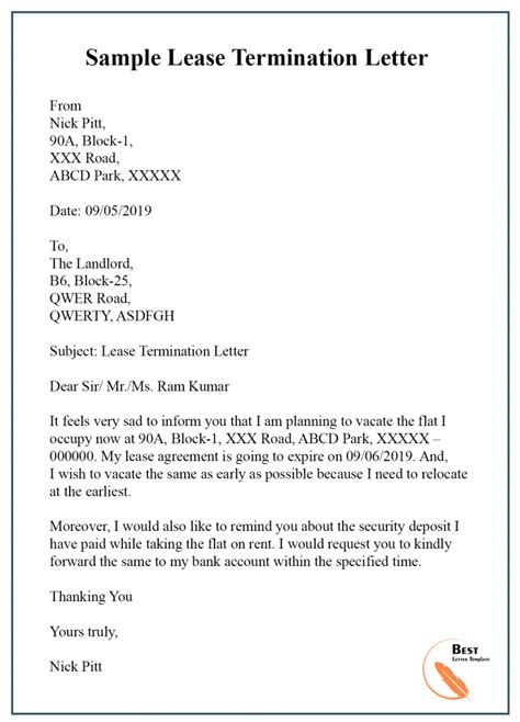 sample letter terminating lease