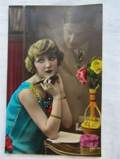 Art Deco Antique Pochoir Hand Tinted Photo Postcard Flapper Love