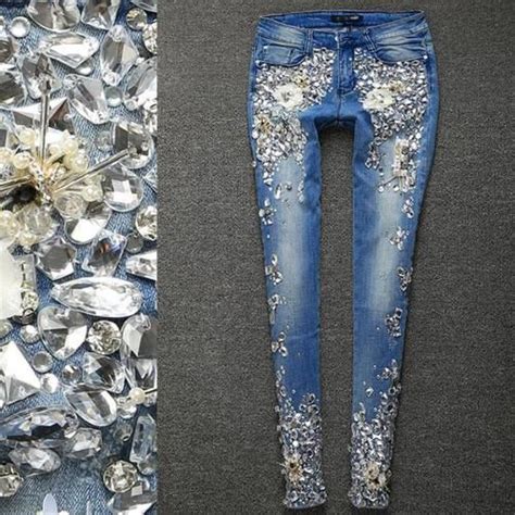 women s jeans rhinestones diamond denim skinny stretch pencil style