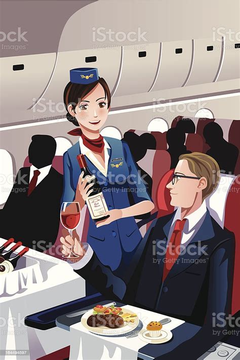 Kartun Pramugari Wanita Yang Menyajikan Anggur Di Pesawat Ilustrasi