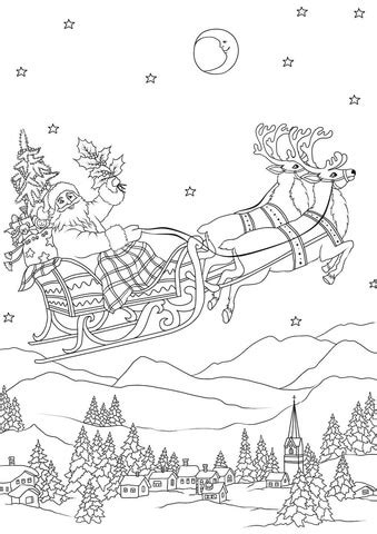 santa flying   sleigh pulled  reindeers  night coloring page