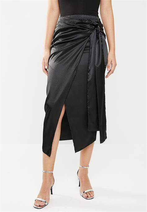 satin wrap front skirt black missguided skirts superbalistcom