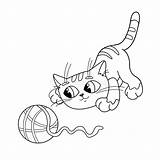 Cat Playing Coloring Yarn Ball Outline Cartoon Drawing Preview Vector sketch template