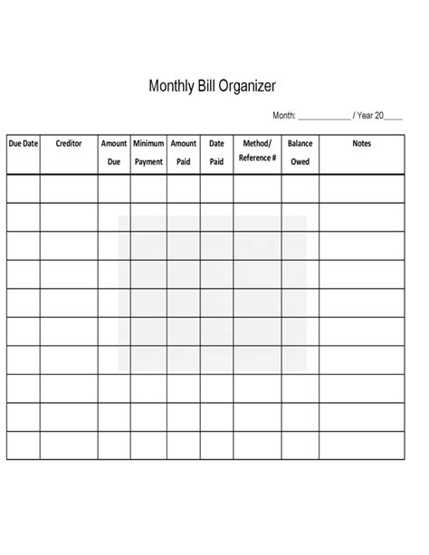 monthly bill organizer chart