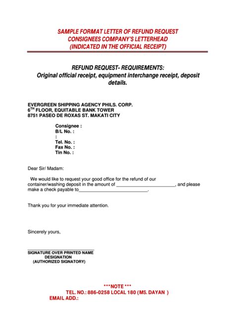 sample format letter  refund request printable