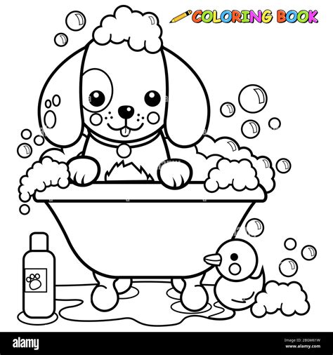 dog   tub   bath black  white coloring page stock photo