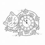 Orologio Horloge Tangle Illustrazione Coloration Adulte Coloriage Mince Coloritura Sottile Gatto Adulto sketch template