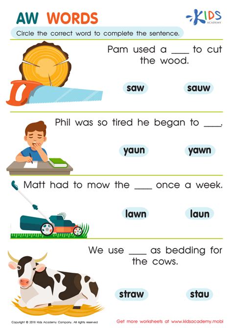 reading aw words worksheet  kids answers  completion rate