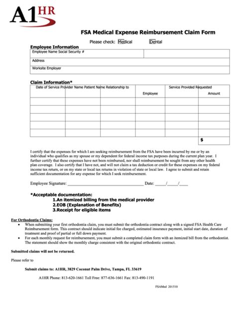 fillable fsa medical expense reimbursement claim form ahr printable