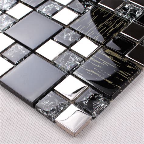 Silver Stainless Steel Black Crystal Glass Tile Backsplash