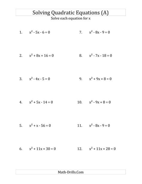 printable algebra worksheets solving equations  quadratic form
