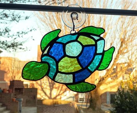 stained glass turtle suncatcher turtle ornament blue  etsy