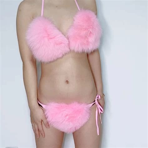 latest hot two pieces fur bikini girl women ladies cute fluffy bra and