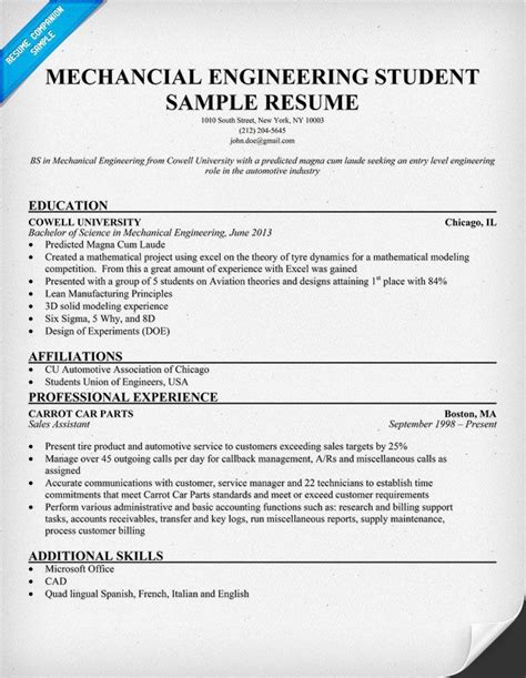 mechanical engineering student resume resumecompanioncom resume
